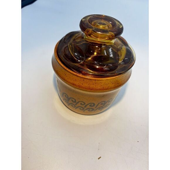 Vintage MCM Japanese Stoneware Small Yellow Crock with Brown Lid Sugar Bowl Butt - Picture 2 of 15